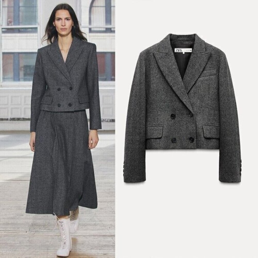 Zara Herringbone Cropped Blazer